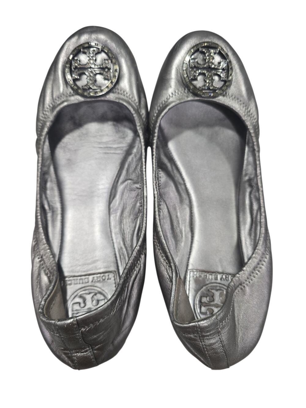 Tory Burch Silver Flats with Jeweled Logo
